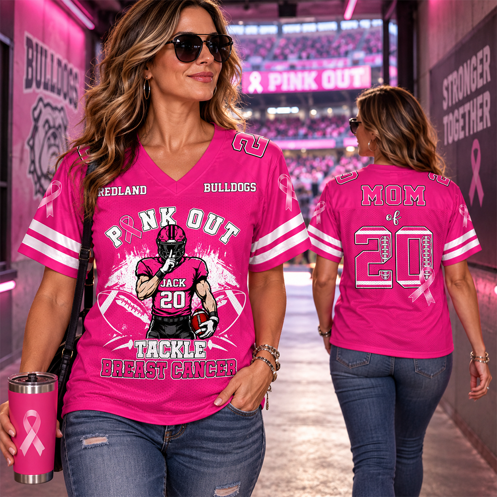 Pink Out Tackle Breast Cancer, Personalized Breast Cancer Awareness Game Day Football Jersey, Gift For Football Mom Family MI209 Hv01