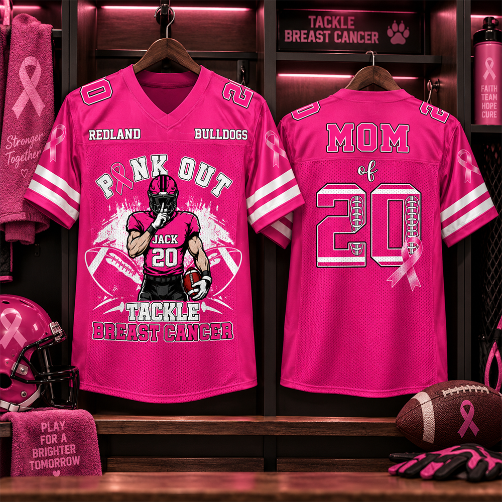 Pink Out Tackle Breast Cancer, Personalized Breast Cancer Awareness Game Day Football Jersey, Gift For Football Mom Family MI209 Hv01