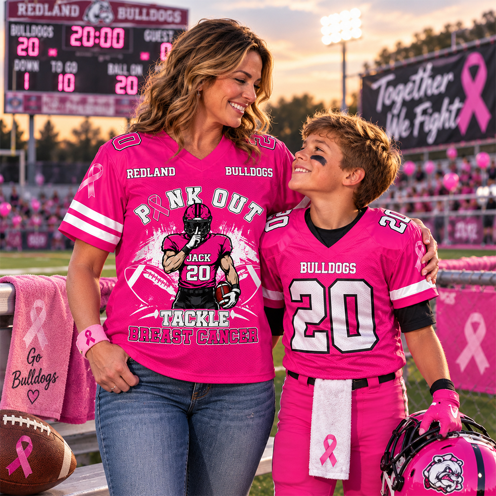 Pink Out Tackle Breast Cancer, Personalized Breast Cancer Awareness Game Day Football Jersey, Gift For Football Mom Family MI209 Hv01