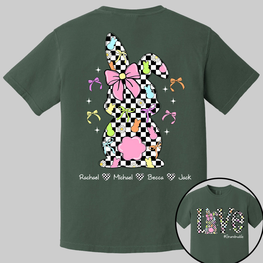 Custom Easter Retro Checkered Pink Bunny Bow T-Shirt, Personalized Gift For Grandma & Kids Tu20