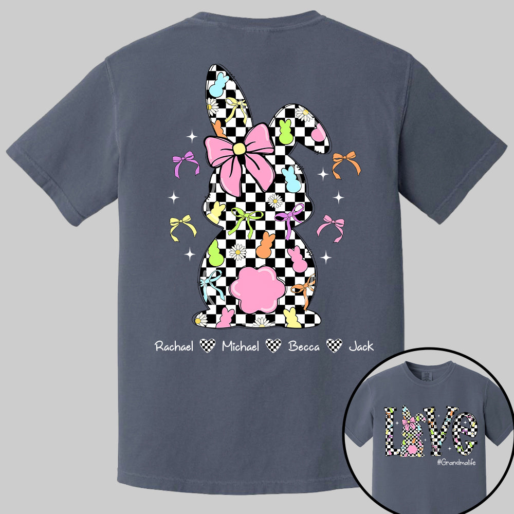 Custom Easter Retro Checkered Pink Bunny Bow T-Shirt, Personalized Gift For Grandma & Kids Tu20