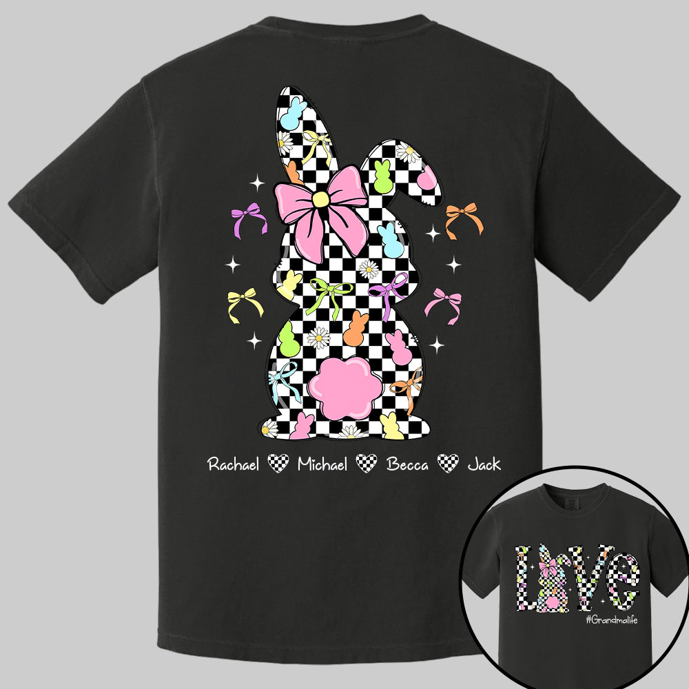 Custom Easter Retro Checkered Pink Bunny Bow T-Shirt, Personalized Gift For Grandma & Kids Tu20