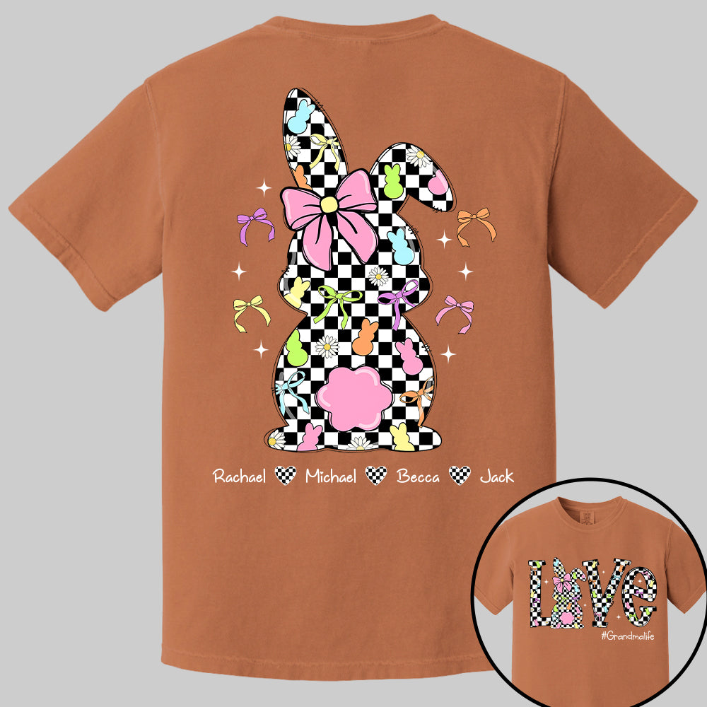 Custom Easter Retro Checkered Pink Bunny Bow T-Shirt, Personalized Gift For Grandma & Kids Tu20