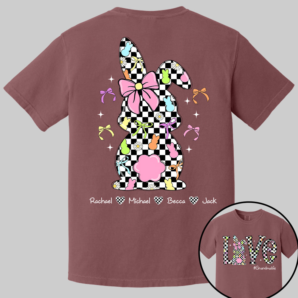 Custom Easter Retro Checkered Pink Bunny Bow T-Shirt, Personalized Gift For Grandma & Kids Tu20