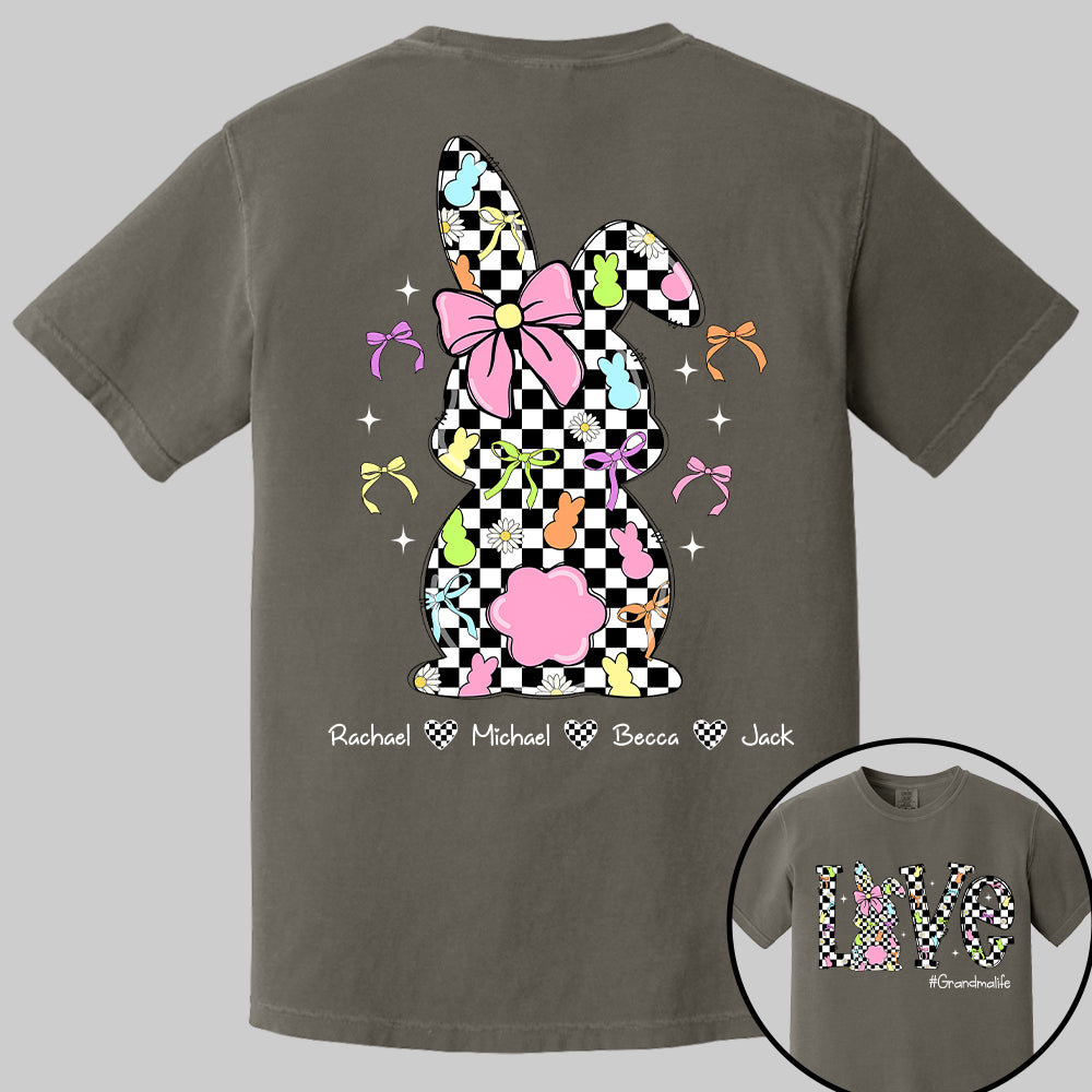 Custom Easter Retro Checkered Pink Bunny Bow T-Shirt, Personalized Gift For Grandma & Kids Tu20