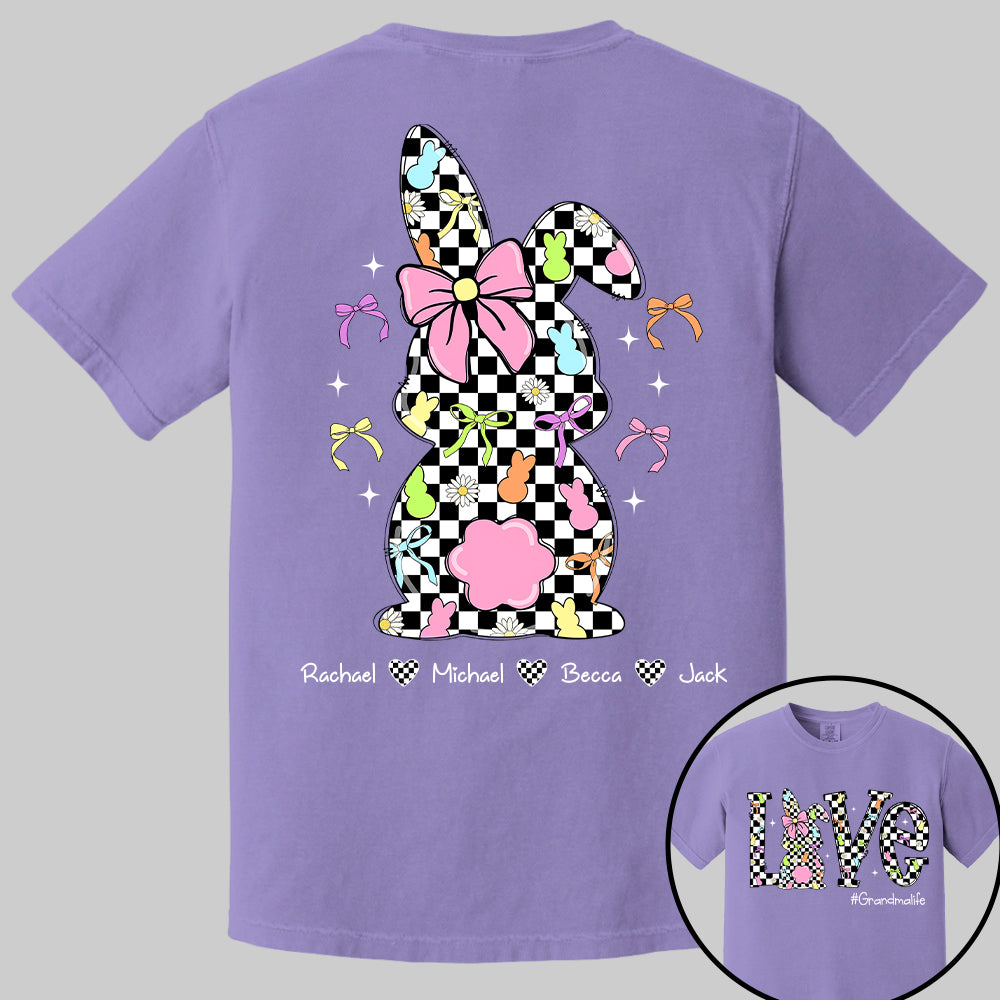 Custom Easter Retro Checkered Pink Bunny Bow T-Shirt, Personalized Gift For Grandma & Kids Tu20