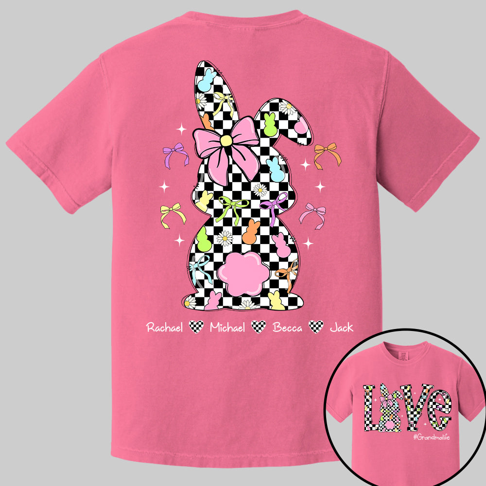 Custom Easter Retro Checkered Pink Bunny Bow T-Shirt, Personalized Gift For Grandma & Kids Tu20