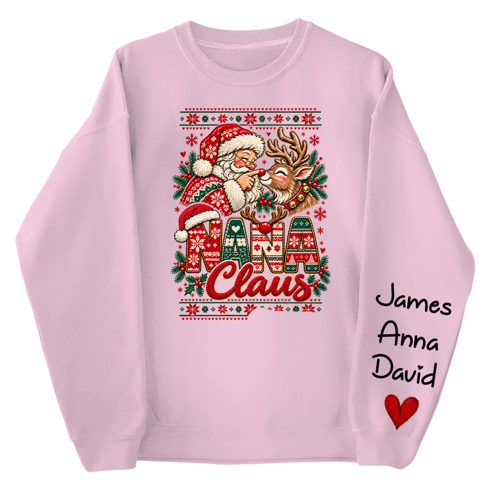 Custom Nana Claus Sweatshirt with Grandkids Names, Personalized Christmas Sweater, Cute Santa and Reindeer Holiday Crewneck C2408 Nh00 KL07