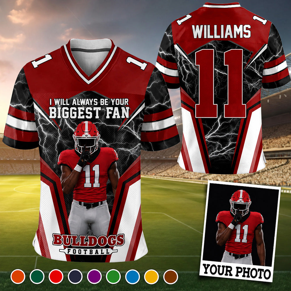 Personalized American Football Mom Football Jersey, I’ll Always Be Your Biggest Fan, Custom Player Name & Number All Over Print Game Day Shirt for Mom Grandma Family T24