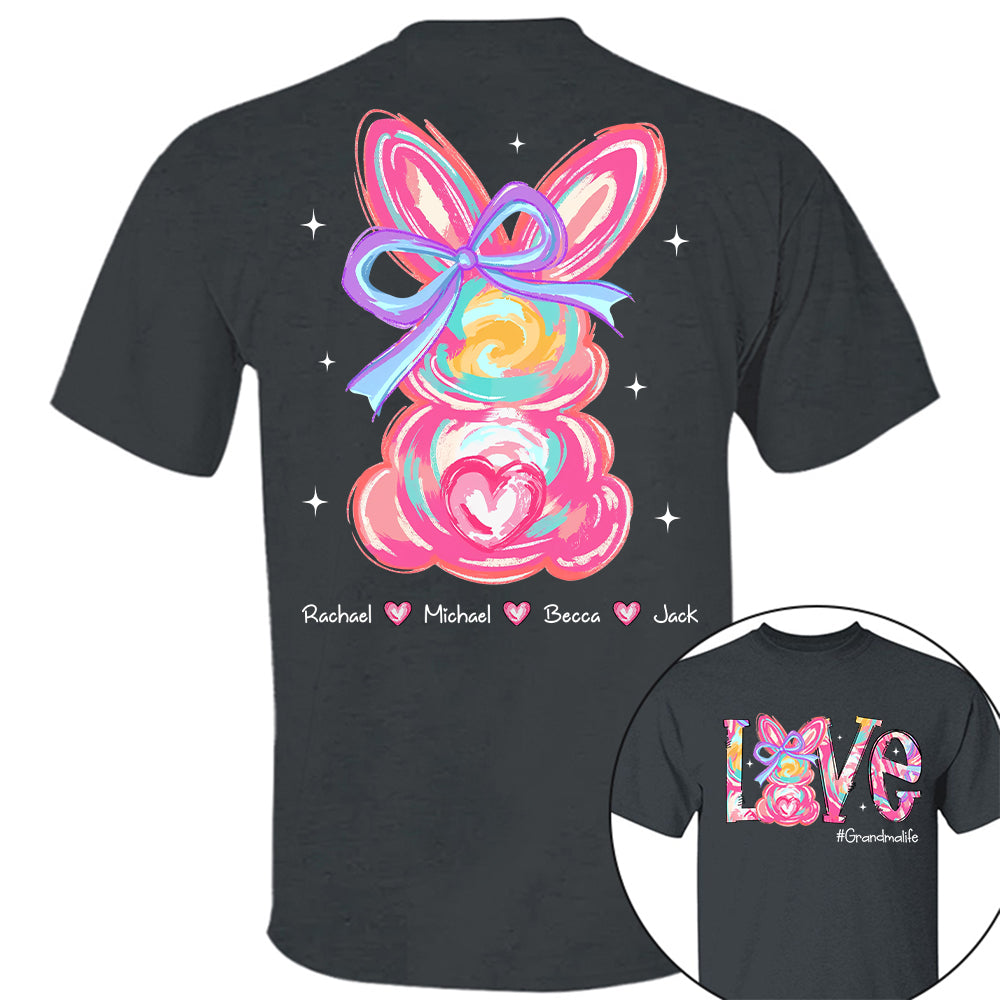 Custom Easter Brushstroke Pink Bunny Bow T-Shirt, Personalized Gift For Grandma & Kids Tu20