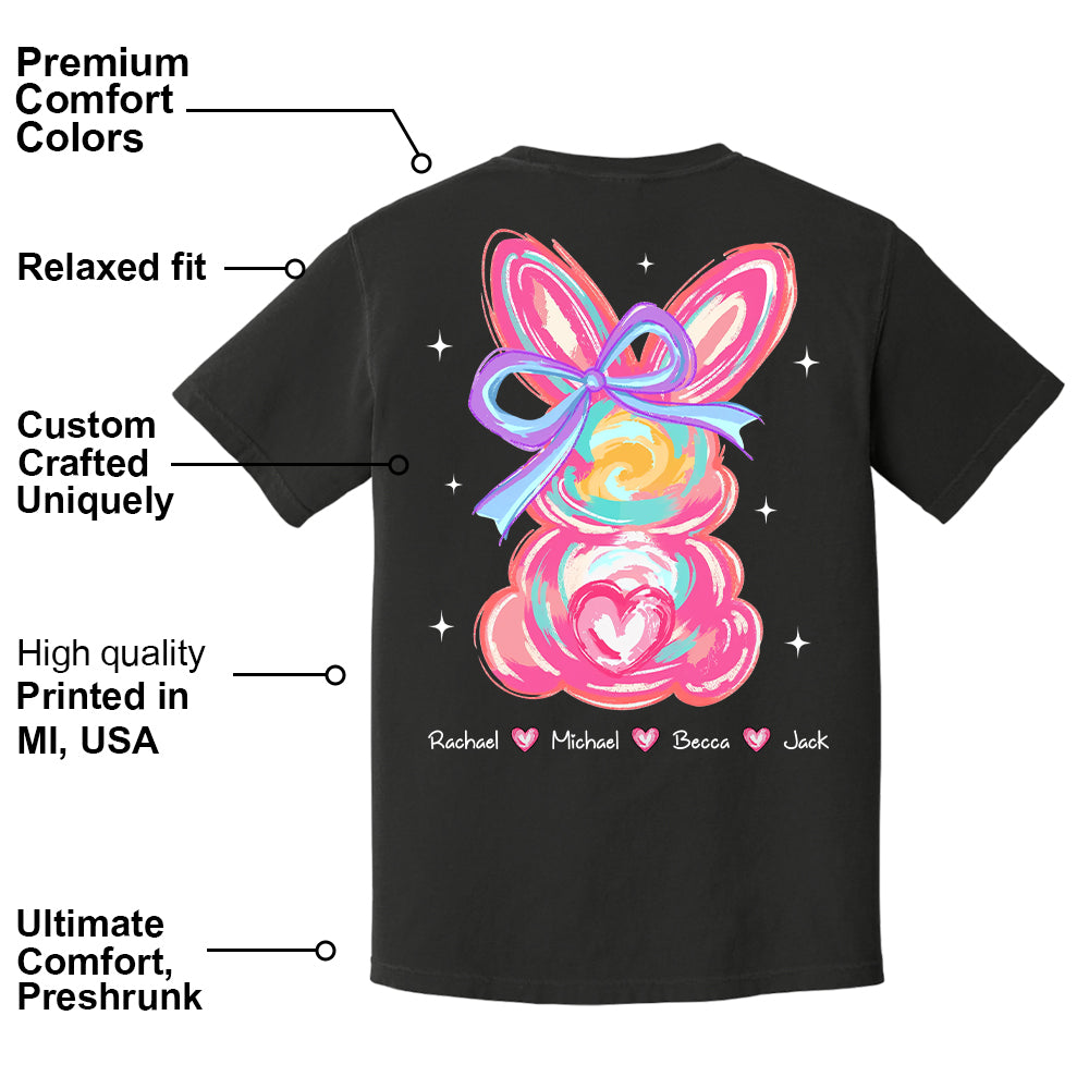 Custom Easter Brushstroke Pink Bunny Bow T-Shirt, Personalized Gift For Grandma & Kids Tu20