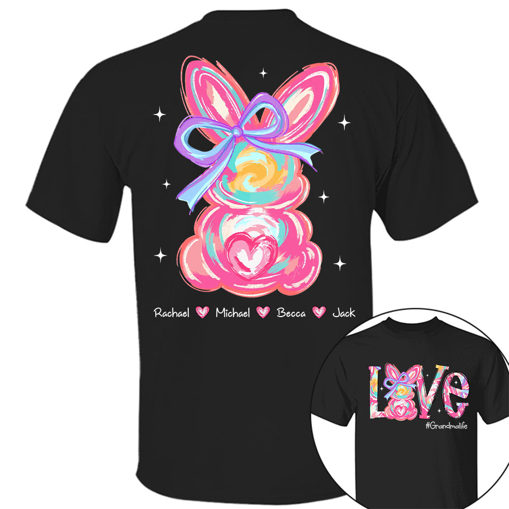 Custom Easter Brushstroke Pink Bunny Bow T-Shirt, Personalized Gift For Grandma & Kids Tu20