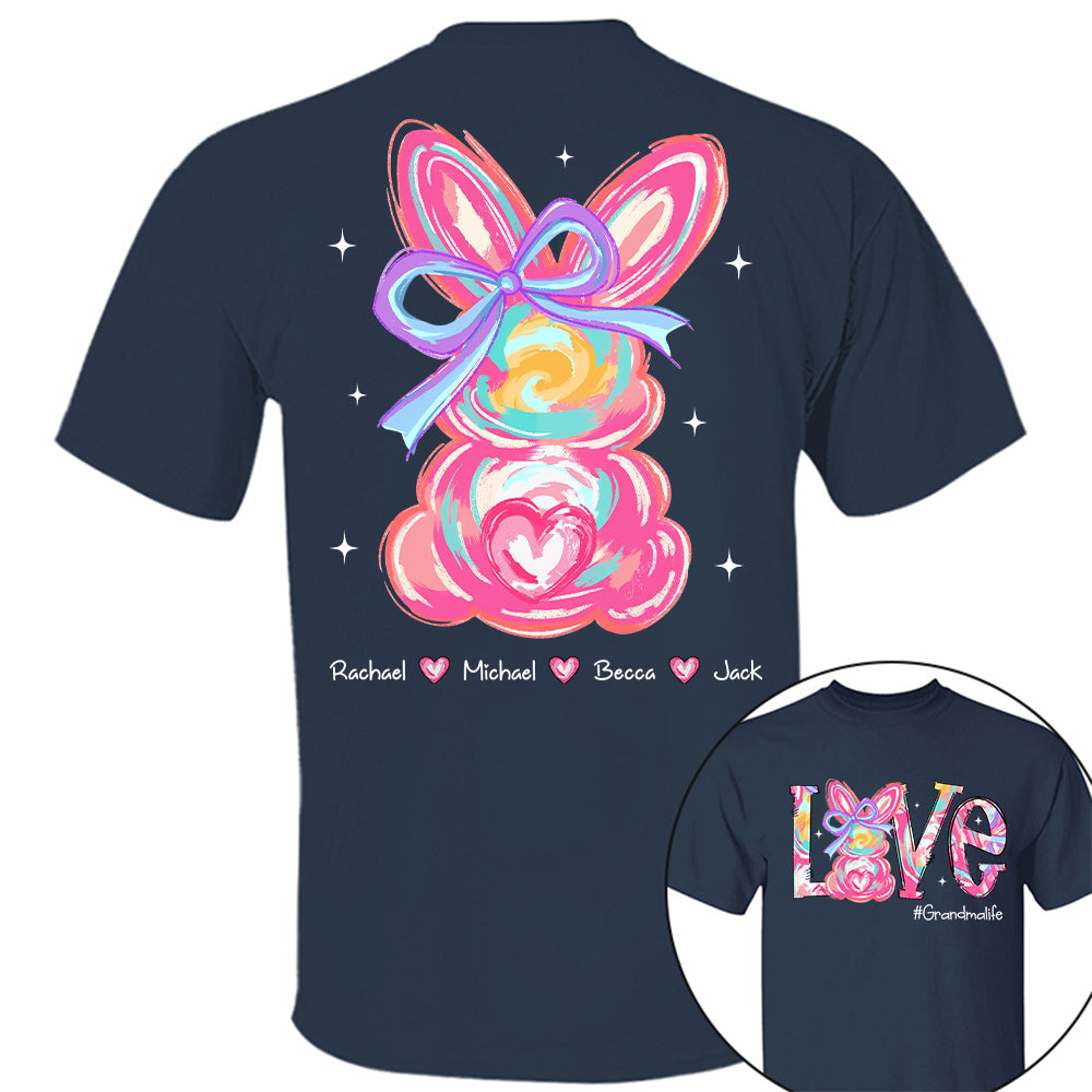Custom Easter Brushstroke Pink Bunny Bow T-Shirt, Personalized Gift For Grandma & Kids Tu20