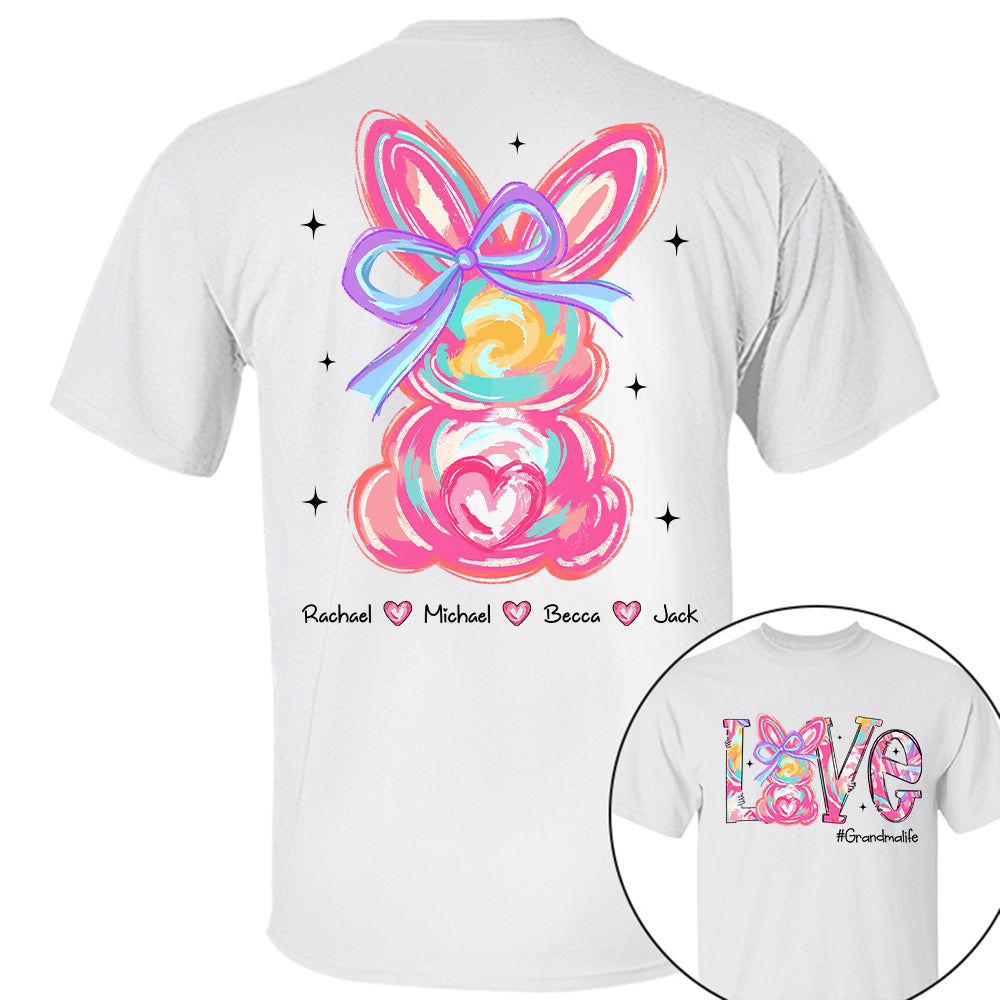 Custom Easter Brushstroke Pink Bunny Bow T-Shirt, Personalized Gift For Grandma & Kids Tu20