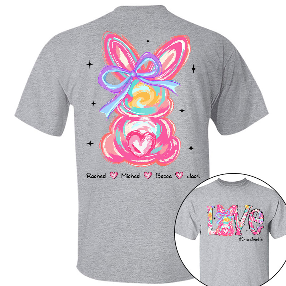 Custom Easter Brushstroke Pink Bunny Bow T-Shirt, Personalized Gift For Grandma & Kids Tu20