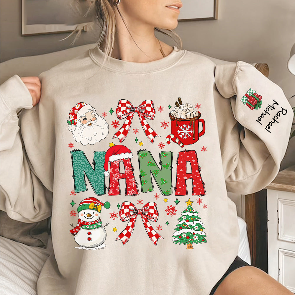 Personalized Christmas Nana Claus Coquette Shirt, Custom Mama Christmas Tree Hot Cocoa Santa Claus Snowman Shirt NA04