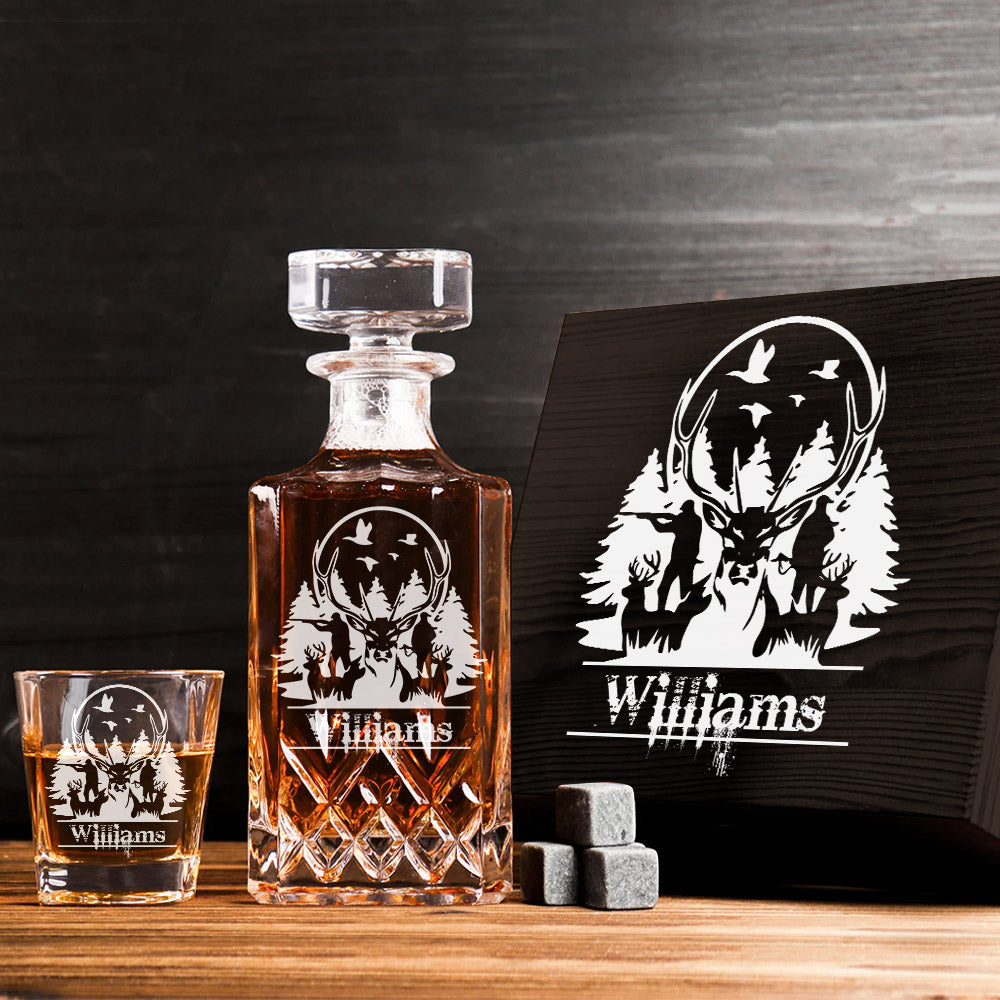 Custom Name Whiskey Decanter Set Gift for Deer Hunter Outdoor Hunting Set H2511