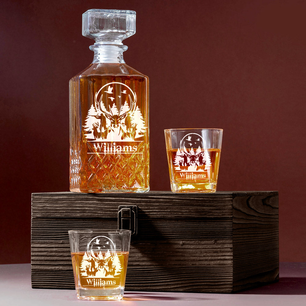 Custom Name Whiskey Decanter Set Gift for Deer Hunter Outdoor Hunting Set H2511