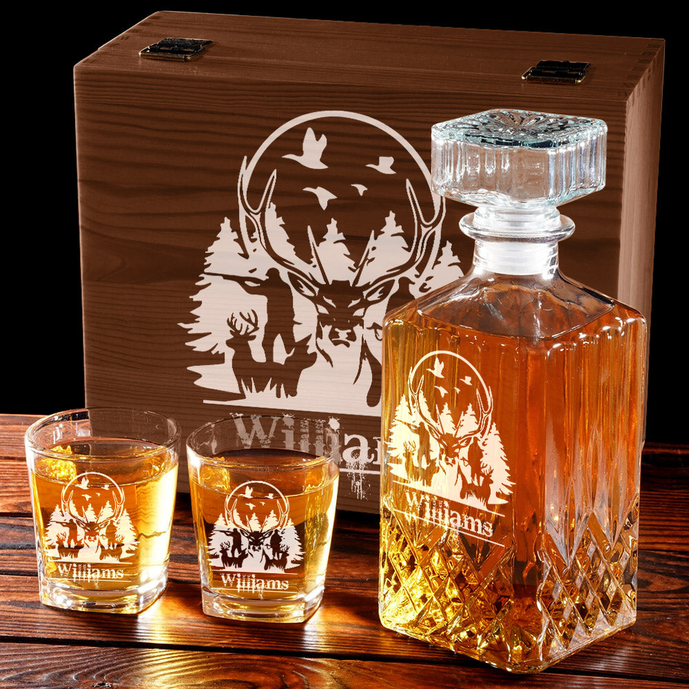 Custom Name Whiskey Decanter Set Gift for Deer Hunter Outdoor Hunting Set H2511
