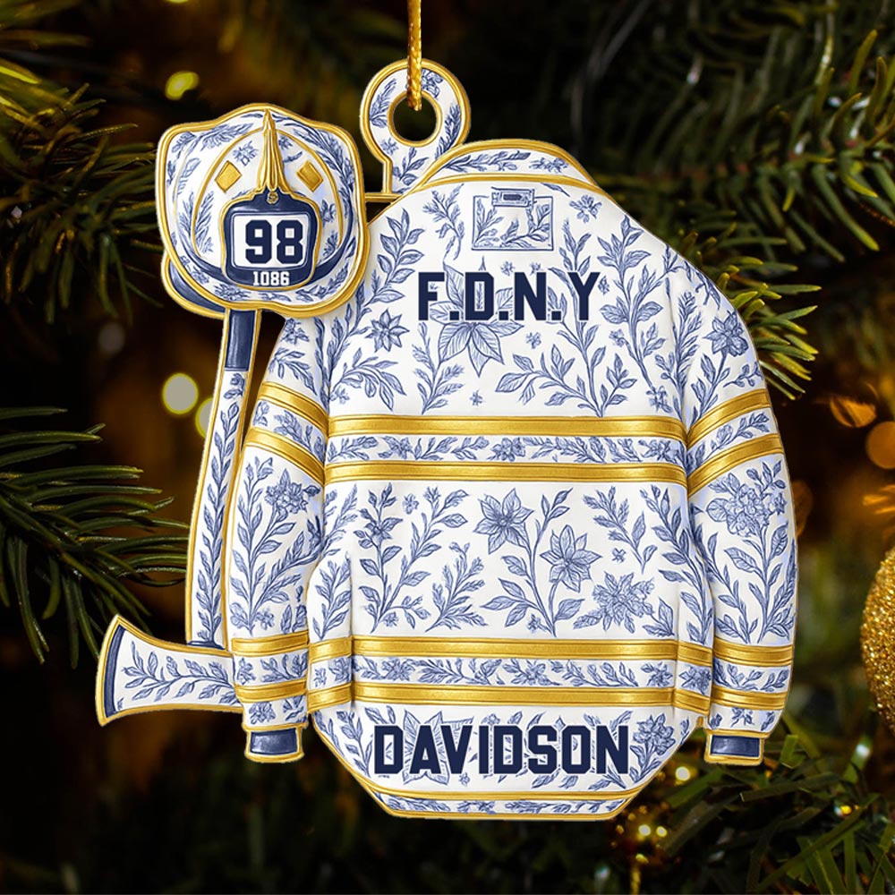 Firefighter Helmet Armor Blue & White Holiday Toile Personalized Ornament Gifts For Fireman Pt99