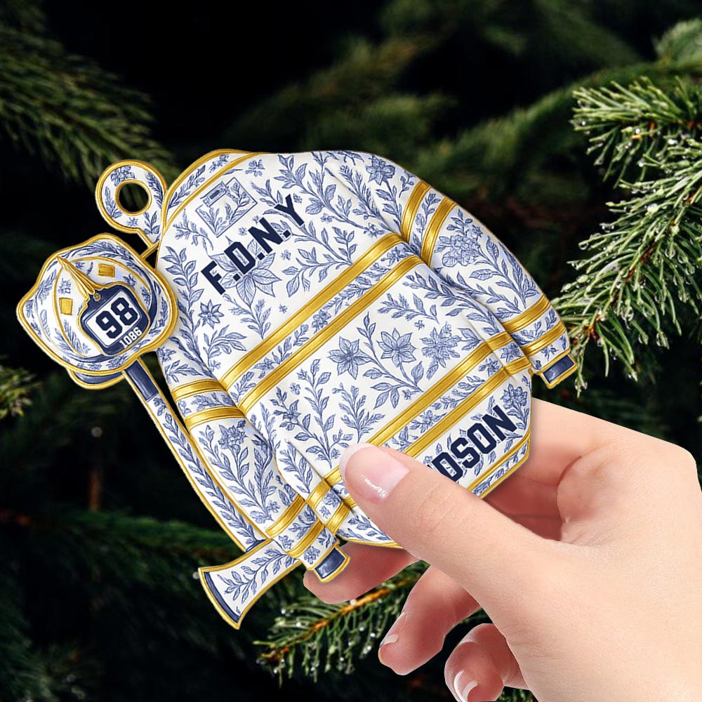 Firefighter Helmet Armor Blue & White Holiday Toile Personalized Ornament Gifts For Fireman Pt99