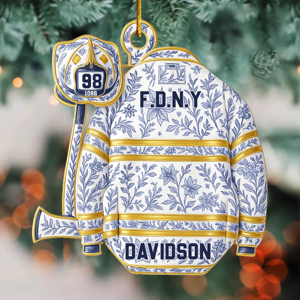 Firefighter Helmet Armor Blue & White Holiday Toile Personalized Ornament Gifts For Fireman Pt99
