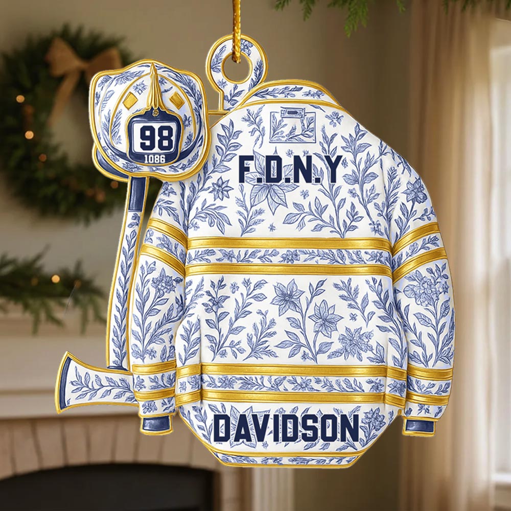 Firefighter Helmet Armor Blue & White Holiday Toile Personalized Ornament Gifts For Fireman Pt99
