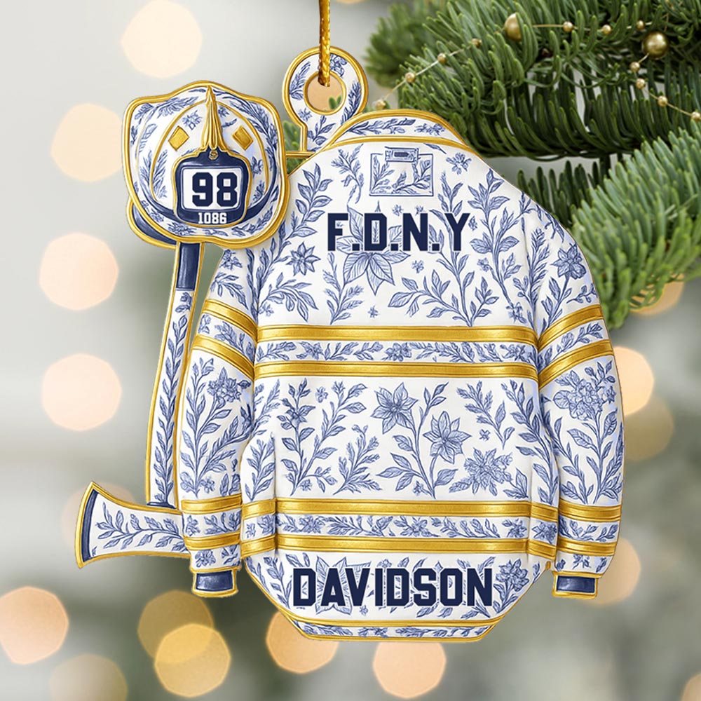 Firefighter Helmet Armor Blue & White Holiday Toile Personalized Ornament Gifts For Fireman Pt99