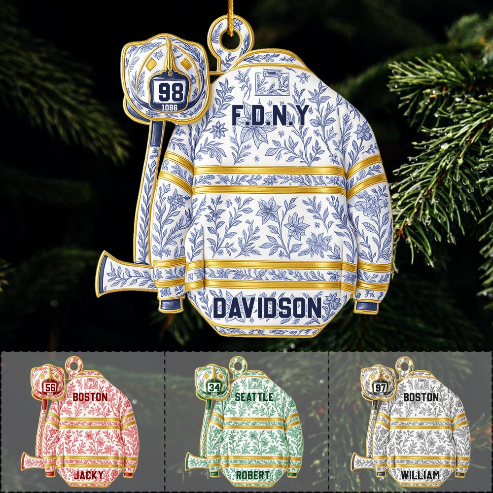 Firefighter Helmet Armor Blue & White Holiday Toile Personalized Ornament Gifts For Fireman Pt99