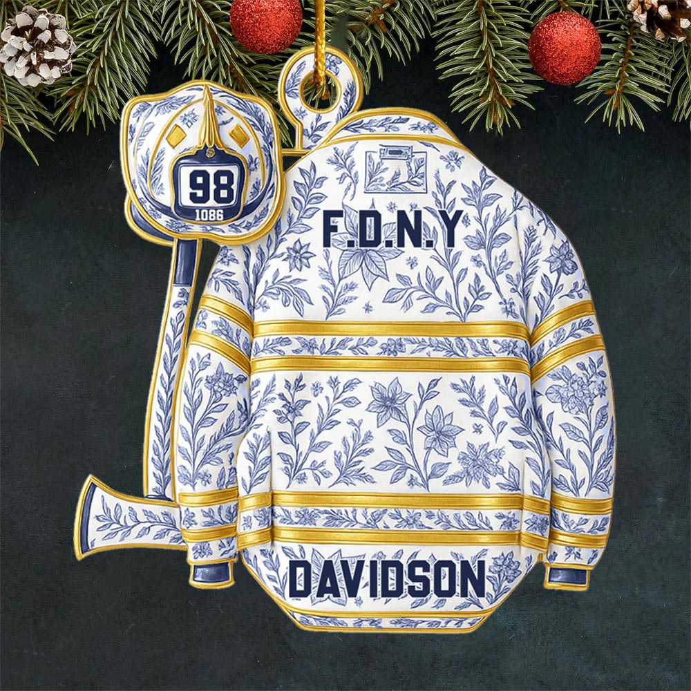 Firefighter Helmet Armor Blue & White Holiday Toile Personalized Ornament Gifts For Fireman Pt99