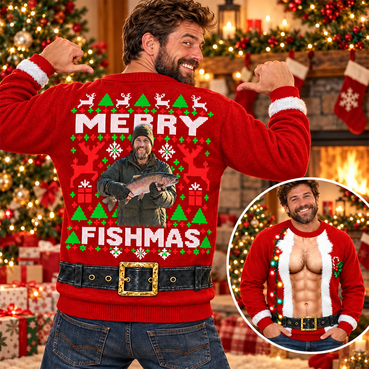 Custom Photo Merry Fishmas Ugly  Sweater, Gift For Fishing Lovers, Funny Xmas Gift L0411 Hv01
