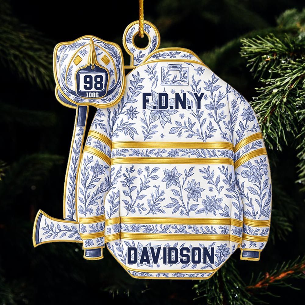 Firefighter Helmet Armor Blue & White Holiday Toile Personalized Ornament Gifts For Fireman Pt99
