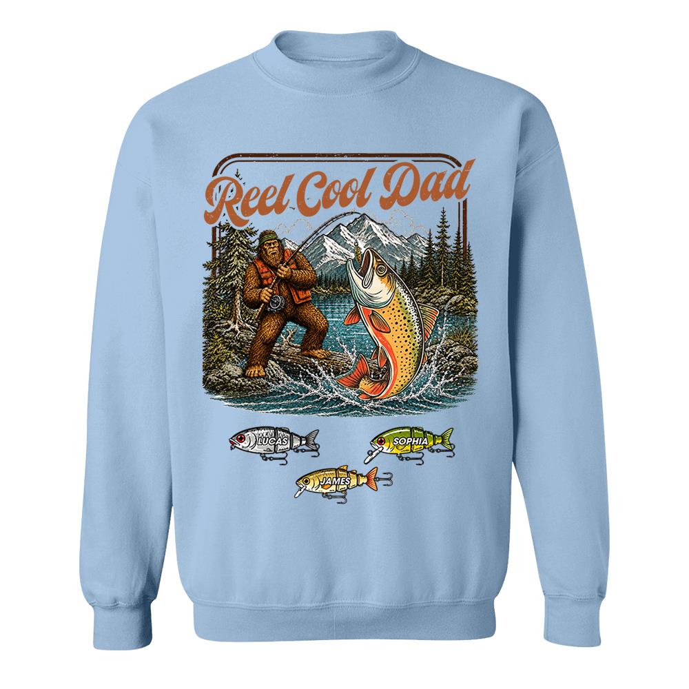 Reel Cool Dad Bigfoot Fishing Shirt, Personalized Dad Shirt With Custom Kids, Bigfoot Fisherman Father's Day Gift, Gift for Dad Na02 Nh00