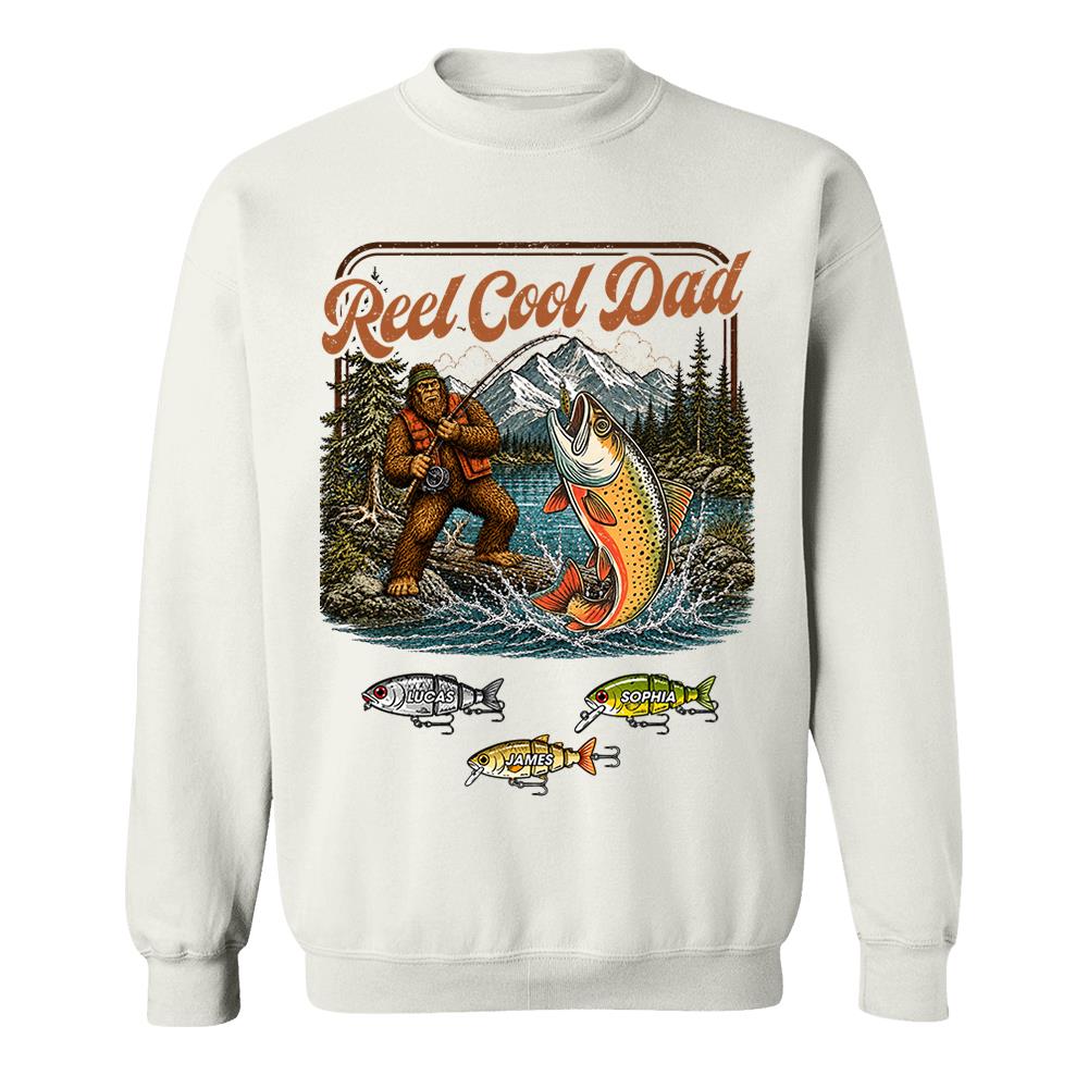 Reel Cool Dad Bigfoot Fishing Shirt, Personalized Dad Shirt With Custom Kids, Bigfoot Fisherman Father's Day Gift, Gift for Dad Na02 Nh00