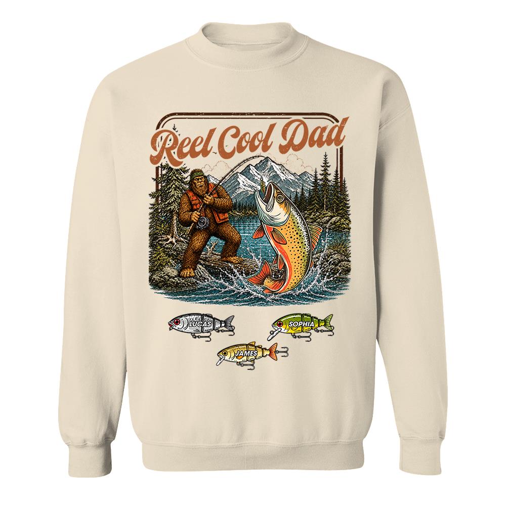 Reel Cool Dad Bigfoot Fishing Shirt, Personalized Dad Shirt With Custom Kids, Bigfoot Fisherman Father's Day Gift, Gift for Dad Na02 Nh00
