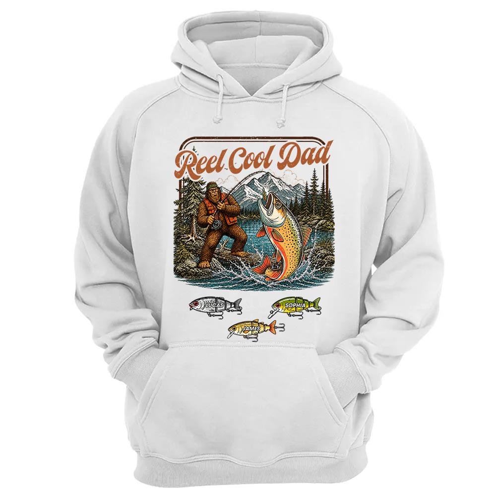 Reel Cool Dad Bigfoot Fishing Shirt, Personalized Dad Shirt With Custom Kids, Bigfoot Fisherman Father's Day Gift, Gift for Dad Na02 Nh00