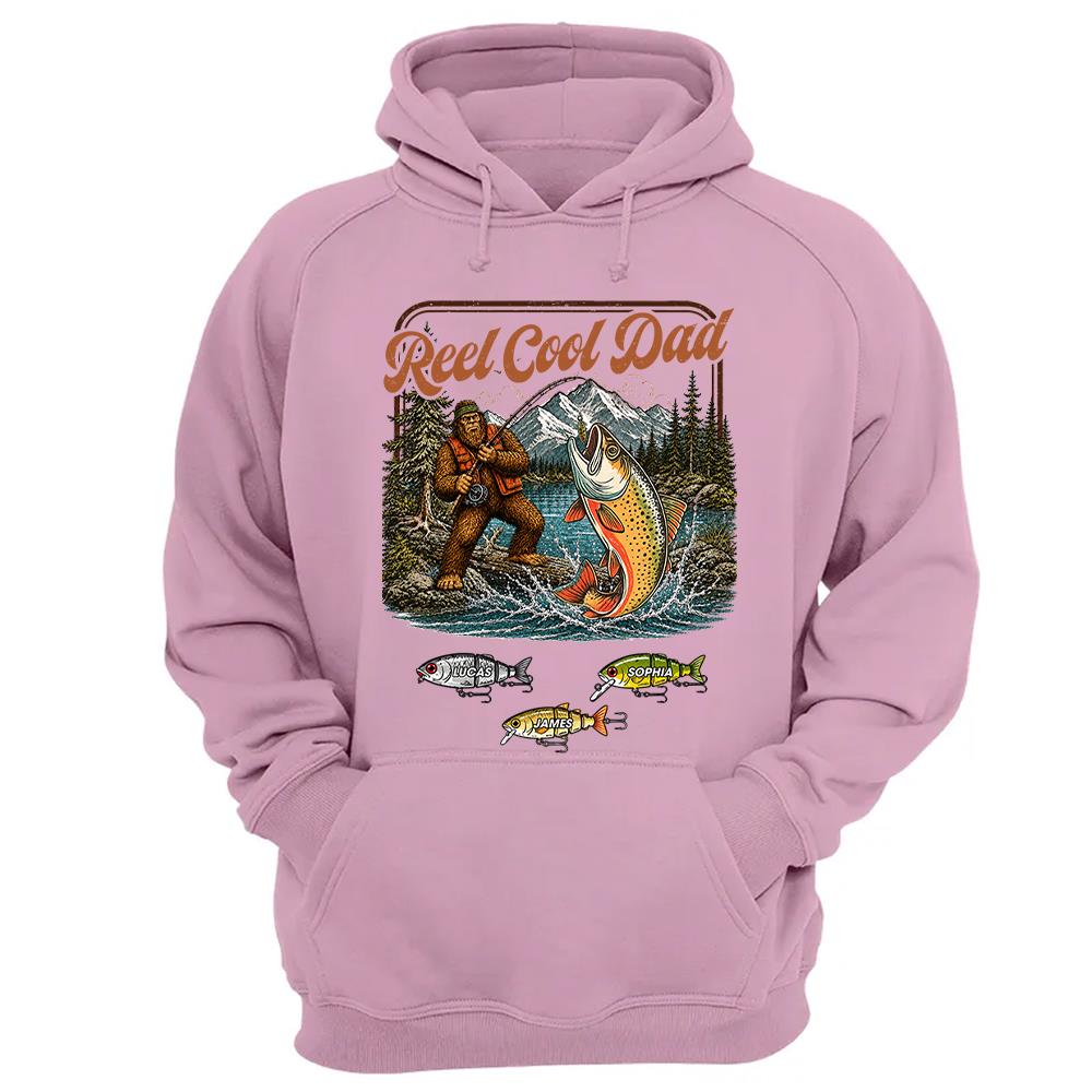 Reel Cool Dad Bigfoot Fishing Shirt, Personalized Dad Shirt With Custom Kids, Bigfoot Fisherman Father's Day Gift, Gift for Dad Na02 Nh00