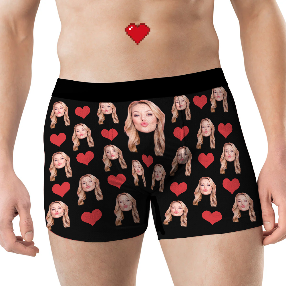Custom Men's Funny Face I Love You Valentine's Day Boxer Briefs, Underpants Printed with Photo