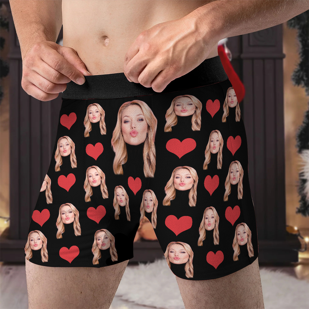 Custom Men's Funny Face I Love You Valentine's Day Boxer Briefs, Underpants Printed with Photo