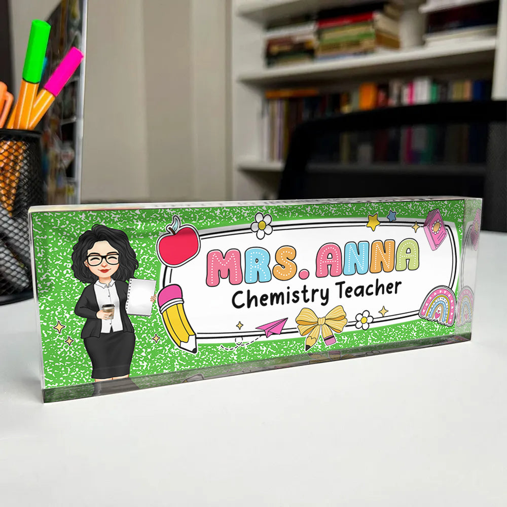 Teacher Composition Book Pattern, Personalized Acrylic Desk Name Plate, Back To School Gift T1807 Hv01