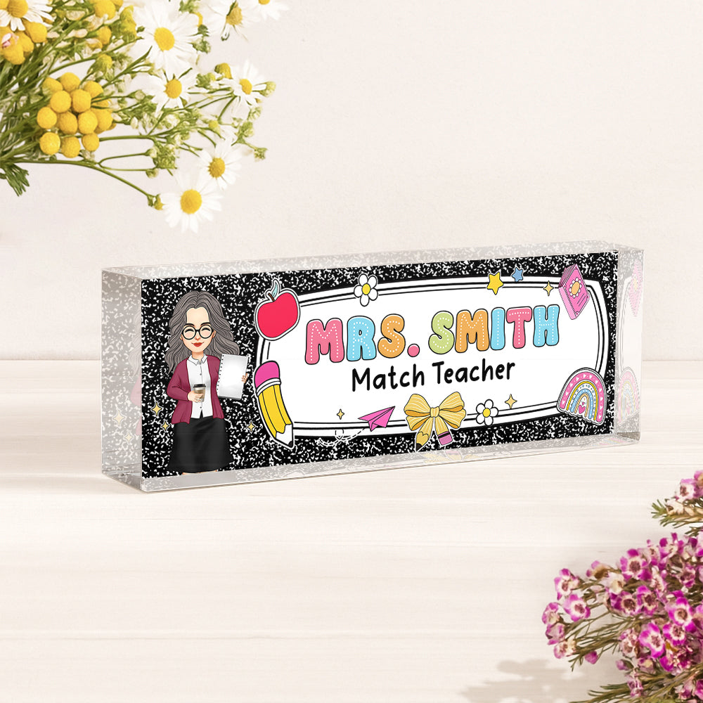 Teacher Composition Book Pattern, Personalized Acrylic Desk Name Plate, Back To School Gift T1807 Hv01