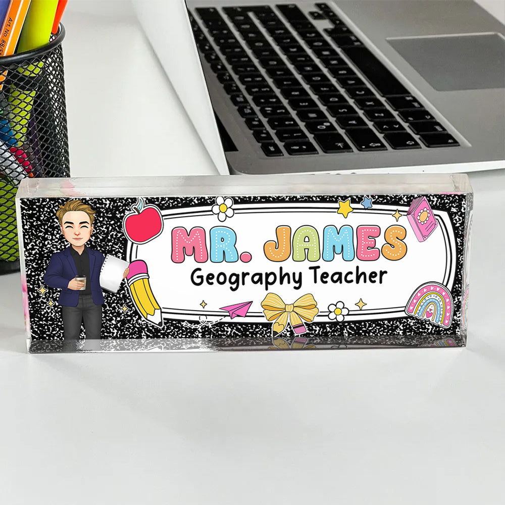 Teacher Composition Book Pattern, Personalized Acrylic Desk Name Plate, Back To School Gift T1807 Hv01