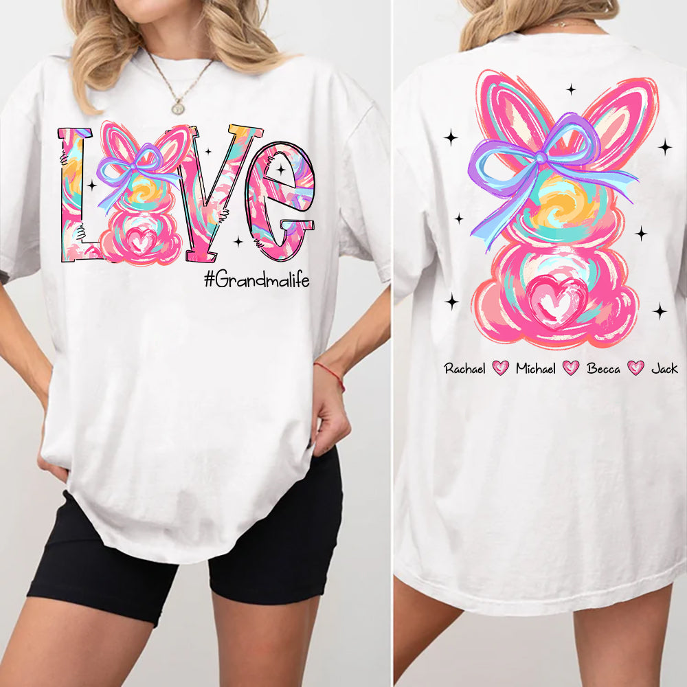 Custom Easter Brushstroke Pink Bunny Bow T-Shirt, Personalized Gift For Grandma & Kids Tu20