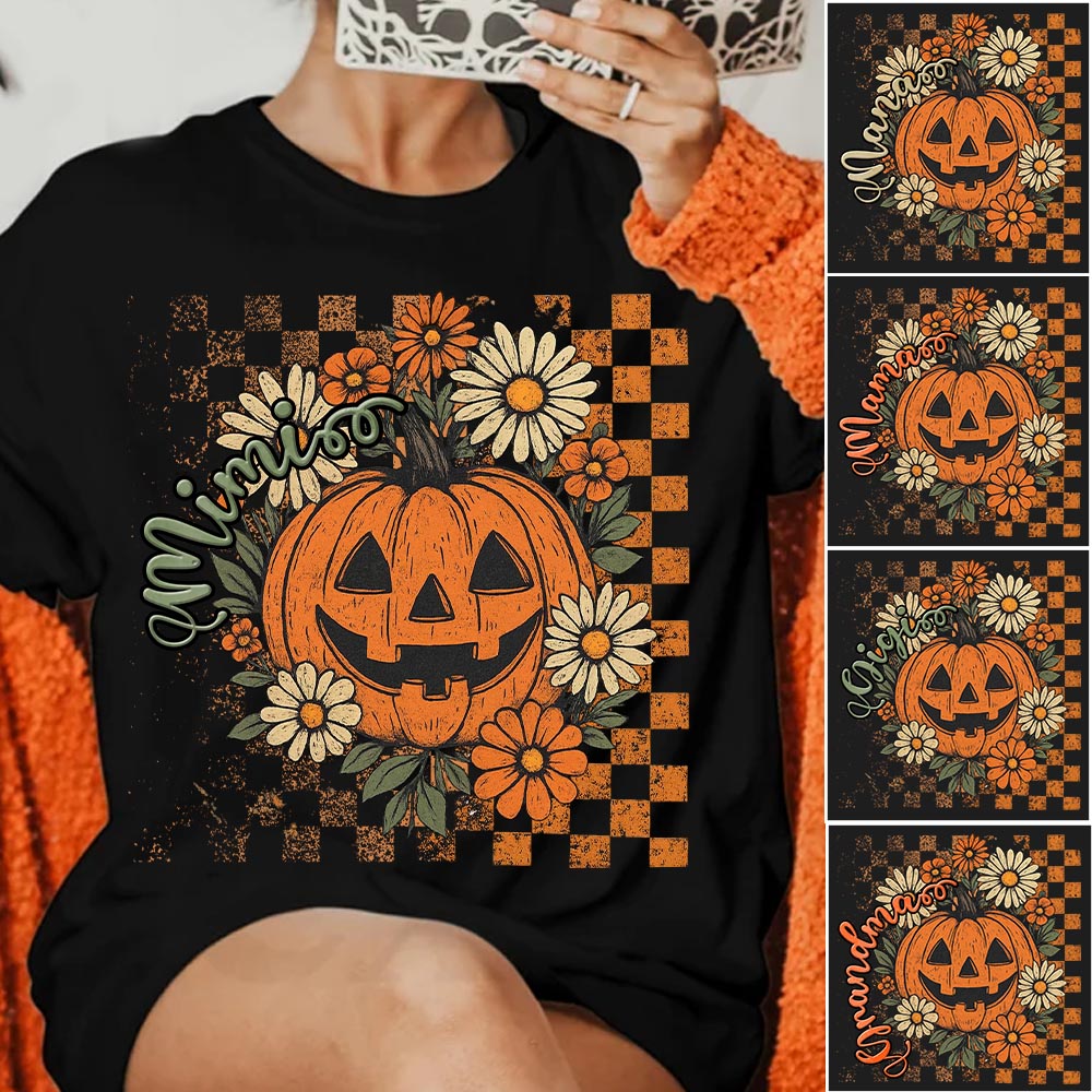 Personalized Mimi Retro Floral Pumpkin Shirts, Custom Halloween Gift for Grandma With Grandkids' Names Vr2 Nh00