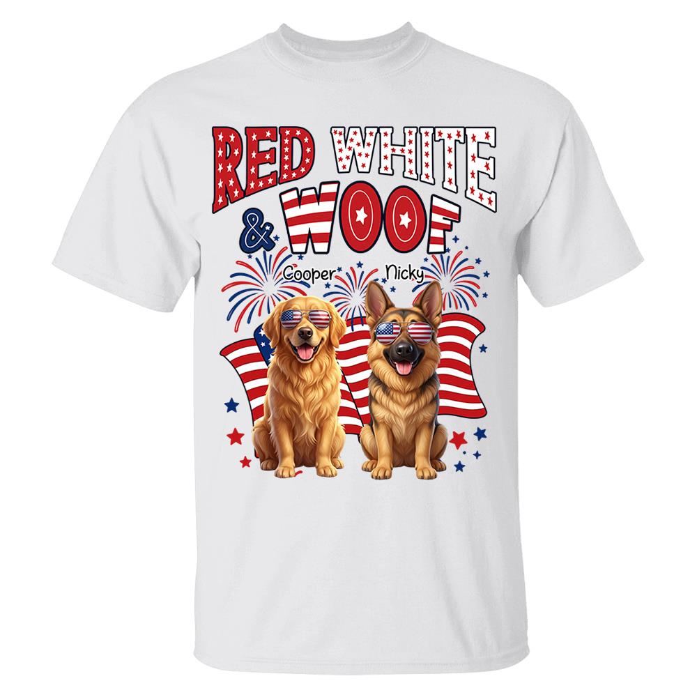 Red White Woof Personalized Shirt Patriotic American Flag Fireworks For Independence Day USA Custom Photo Dog Gift For Pet Lovers T1807 Nh00