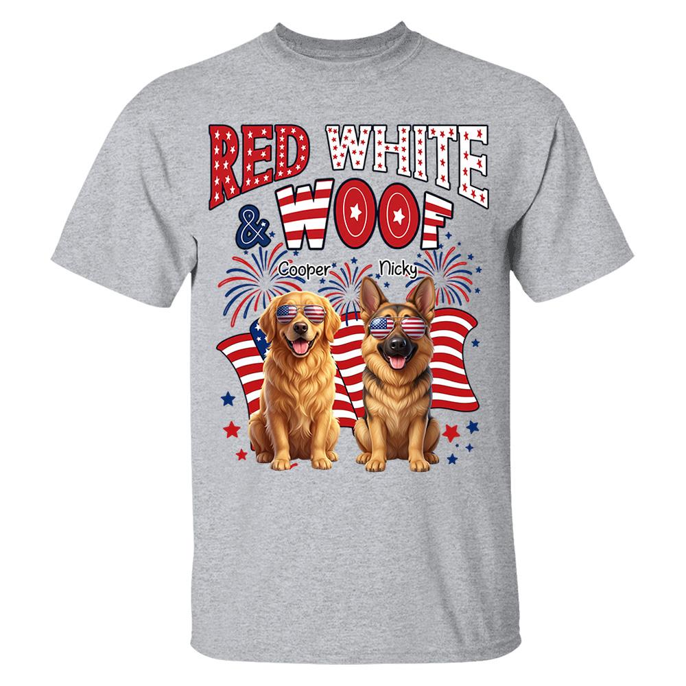 Red White Woof Personalized Shirt Patriotic American Flag Fireworks For Independence Day USA Custom Photo Dog Gift For Pet Lovers T1807 Nh00