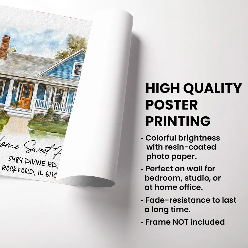 Watercolor House Portrait | Personalized House Artwork. Custom Thoughtful Housewarming Gift, Unique Poster Wall Art, Air Frames vr5
