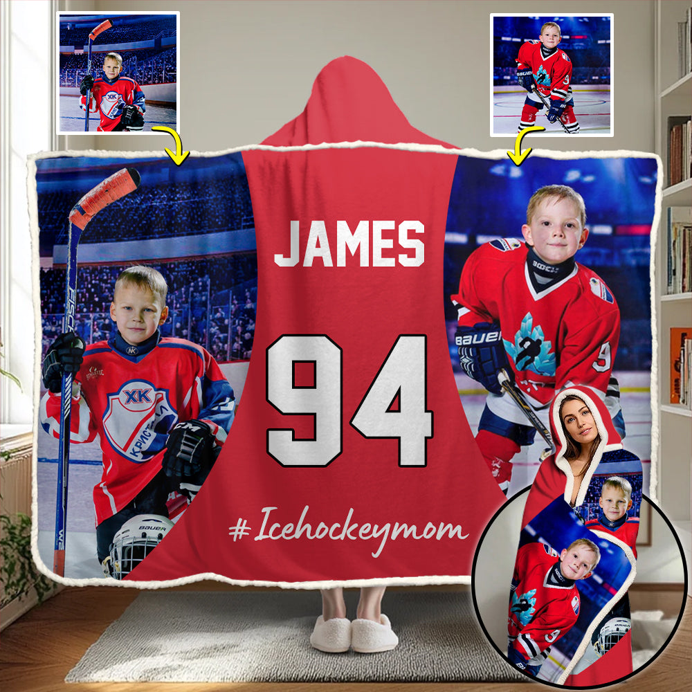 Custom Name & Photo Ice Hockey Mom - Personalized Photo Wearable Blanket Hoodie Tu20