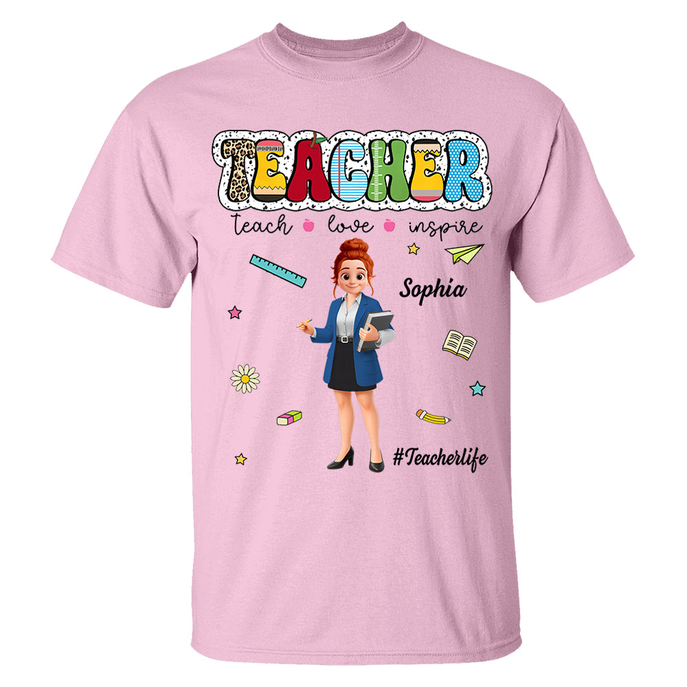 Teacher Teach Love Inspire, Personalized Shirt, Back To School, Teacher Appreciation, Teacher Gift T1807 Pt99