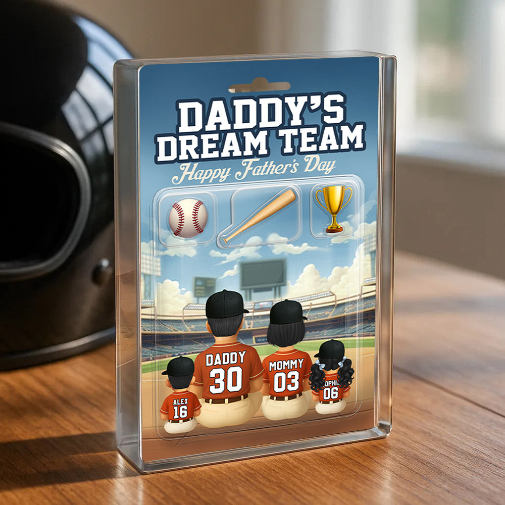 Daddy's Dream Team, Custom Figure Baseball Family, Personalized Acrylic Block Plaque, Gift For Dad T1807 Nh00